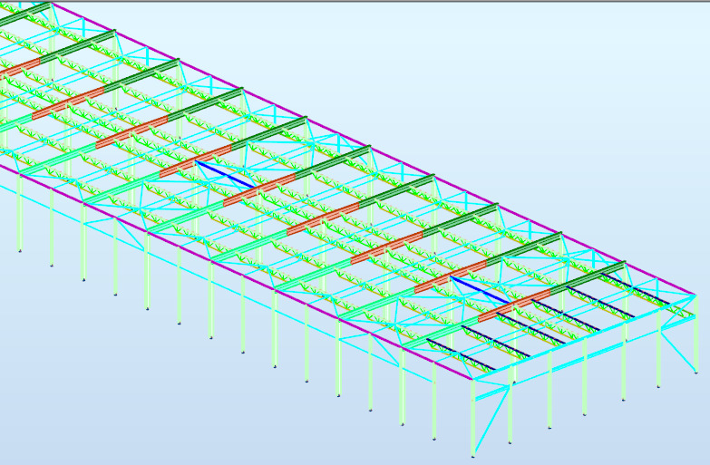 Komputerowy model 3D hali stalowej z widoczną konstrukcją nośną w odcieniach zieleni, błękitu i fioletu na jasnoniebieskim tle.
