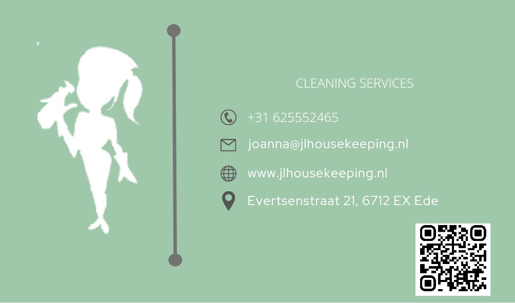 Wizytówka firmy sprzątającej z sylwetką kobiety trzymającej środek czyszczący, dane kontaktowe i kod QR na pistacjowym tle.