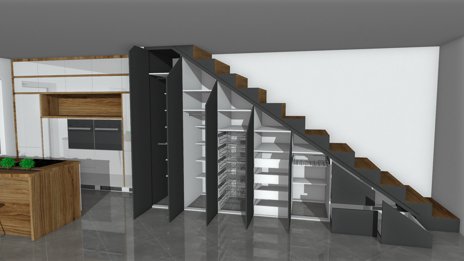 Wizualizacja szafy na wymiar pod schodami, z szufladami i półkami, obok zabudowa kuchenna z drewnianym blatem i piekarnikiem.