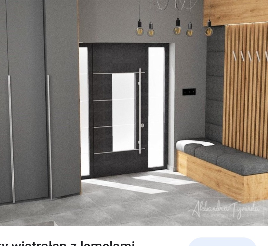 Nowoczesny przedpokój z szarą zabudową szafy wnękowej, grafitowymi drzwiami z przeszkleniami, drewnianym panelem ściennym z wieszakami i siedziskiem ze schowkiem, oświetlony wiszącymi lampami...