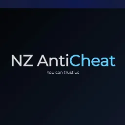 Strona internetowa NZ AntiCheat z białym i błękitnym logo na ciemnym tle, hasło 'You can trust us' pod logotypem, menu nawigacyjne w prawym górnym rogu.