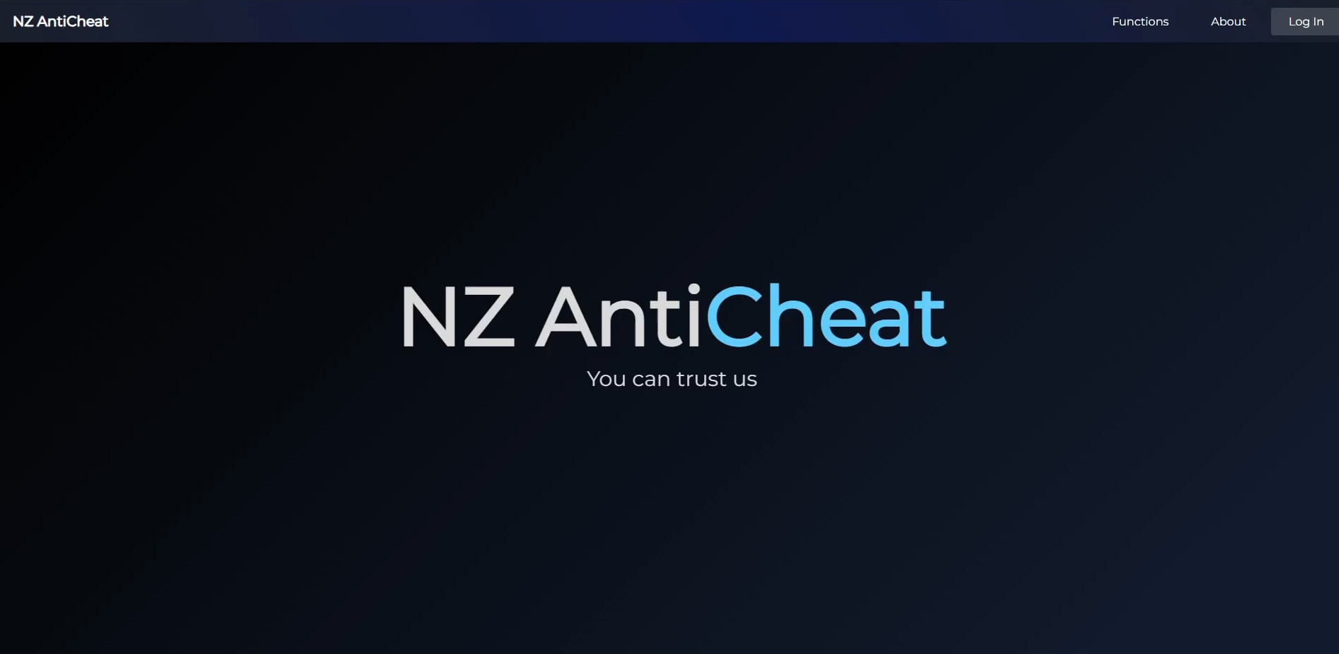 Strona internetowa NZ AntiCheat z białym i błękitnym logo na ciemnym tle, hasło 'You can trust us' pod logotypem, menu nawigacyjne w prawym górnym rogu.