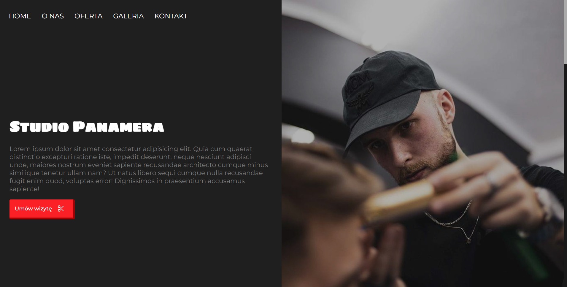 Strona internetowa salonu fryzjerskiego Studio Panamera z tekstem lorem ipsum i zdjęciem fryzjera w trakcie pracy.