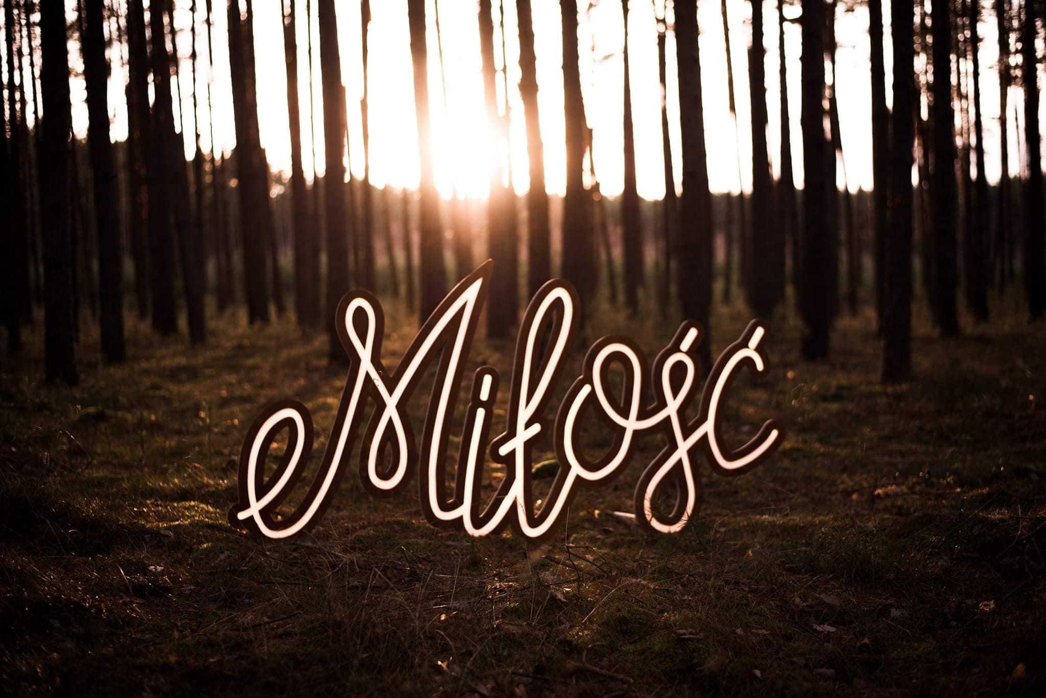Neonowy napis 'Miłość' w lesie, podświetlony promieniami zachodzącego słońca, tworzący romantyczną atmosferę.
