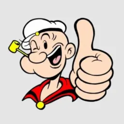 Uśmiechnięty Popeye z fajką w ustach i kciukiem w górę, ubrany w czerwony strój marynarski i białą czapkę.
