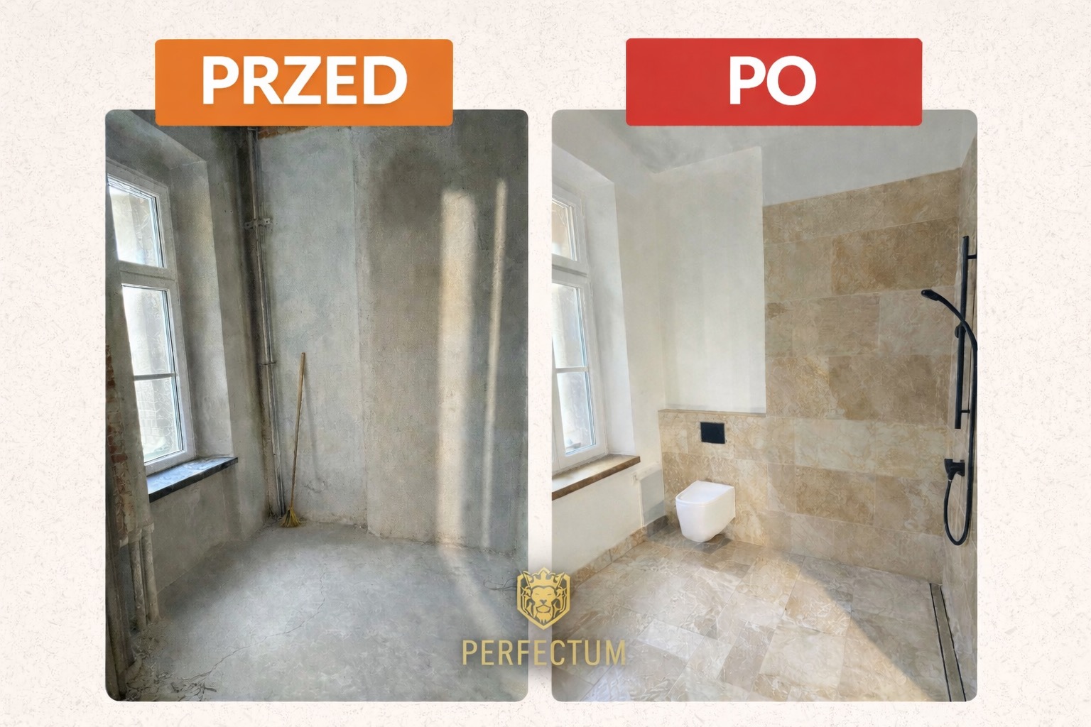 Remont łazienki: widok przed i po. Surowy pokój z oknem kontra wykończona łazienka z beżowymi płytkami, toaletą i prysznicem. Widoczne logo firmy.