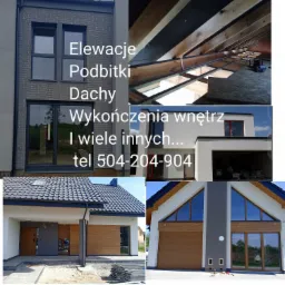 Kompilacja zdjęć przedstawiających elewacje budynków z różnymi wykończeniami, w tym elewacja z szarej cegły, podbitka dachowa z widoczną konstrukcją drewnianą, biała elewacja z garażem oraz dom...