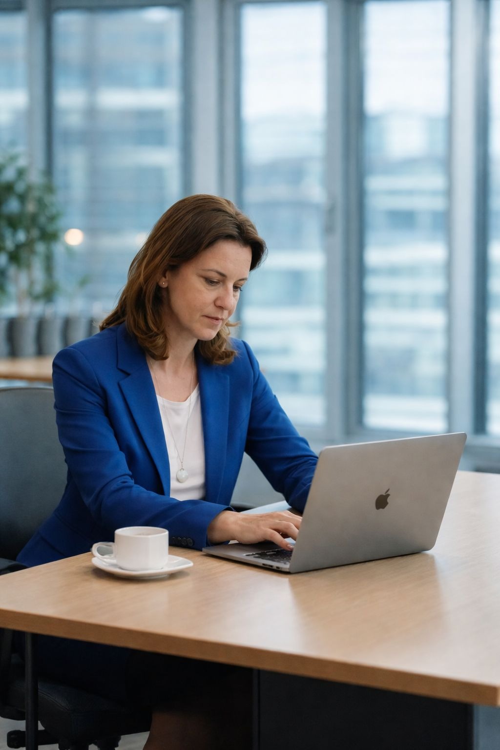 Profesjonalistka w niebieskim żakiecie pracuje na laptopie przy biurku z kawą, na tle okien biurowca. Skupiona, wpisuje tekst. Jasne, naturalne światło.