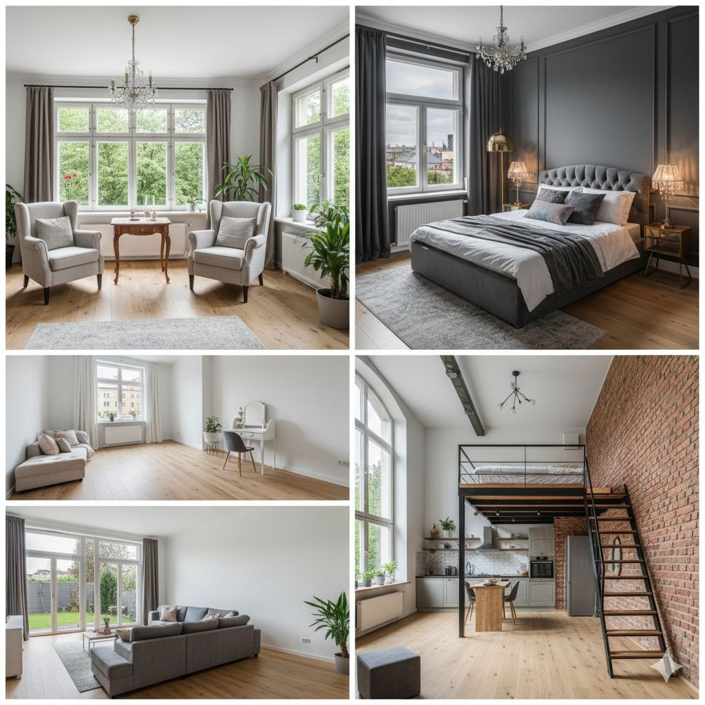 Kolaż wnętrz: salon z fotelami, sypialnia z łóżkiem, pokój z toaletką i loft z antresolą. Jasne, przestronne pomieszczenia z parkietem i dużymi oknami.