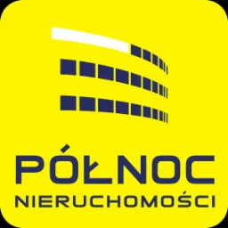 Żółte logo firmy Północ Nieruchomości z motywem budynku z oknami