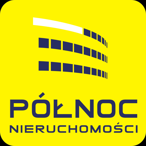 Żółte logo firmy Północ Nieruchomości z motywem budynku z oknami