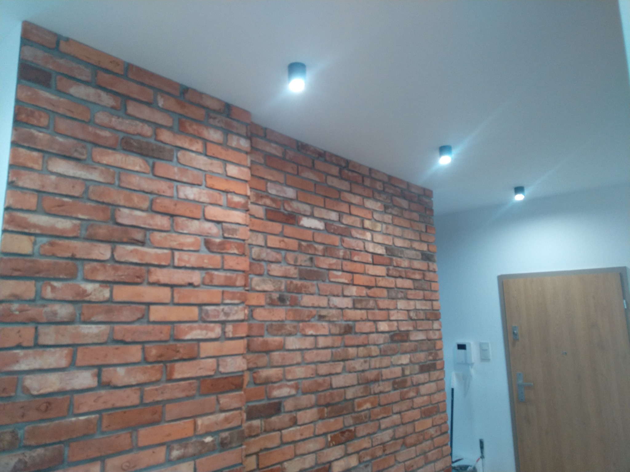 Ściana wykończona czerwoną cegłą klinkierową z widocznymi spoinami, oświetlona trzema punktowymi lampami sufitowymi, z fragmentem białej ściany i drewnianymi drzwiami po prawej stronie.