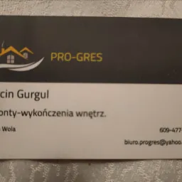 Wizytówka firmy remontowo-wykończeniowej PRO-GRES Marcin Gurgul z adresem w Stalowej Woli i danymi kontaktowymi.