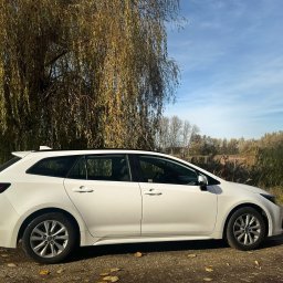 Click&Car - Biała Toyota Corolla kombi zaparkowana na żwirowej drodze, z drzewem w tle i jesiennymi liśćmi na ziemi. Auto w naturalnym otoczeniu, w słoneczny dzień.
