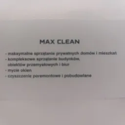 Wizytówka firmy Max Clean oferującej maksymalne sprzątanie domów i mieszkań, kompleksowe sprzątanie budynków, obiektów przemysłowych i biur, mycie okien oraz czyszczenie poremontowe i pobudowlane.