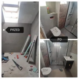 Porównanie stanu łazienki przed i po remoncie: surowy beton i prowizoryczne instalacje kontra nowoczesna kabina prysznicowa z ceglaną ścianą, umywalka z szafką i toaleta z dekoracyjnymi naklejkami...