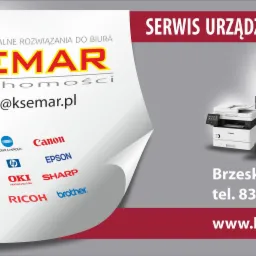 Grafika reklamowa firmy K Semar z dwoma kserokopiarkami (Canon i Toshiba), logotypami producentów sprzętu biurowego, adresem i numerem telefonu.