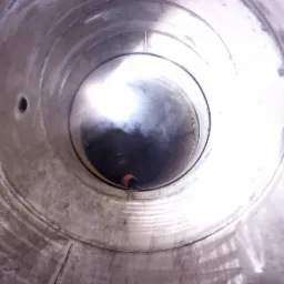 Wnętrze stalowej rury z widocznymi spawami i dymem w oddali