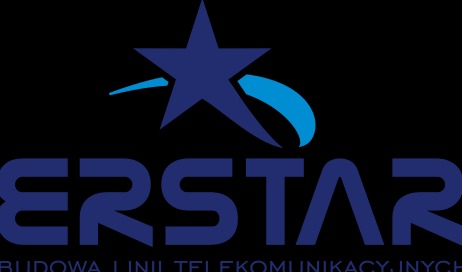 Logo firmy ERSTAR z granatową gwiazdą i napisem 'Budowa linii telekomunikacyjnych' na czarnym tle.