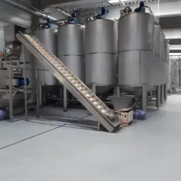 Metalowe silosy przemysłowe w hali produkcyjnej, z podajnikiem taśmowym transportującym produkty w pojemnikach.