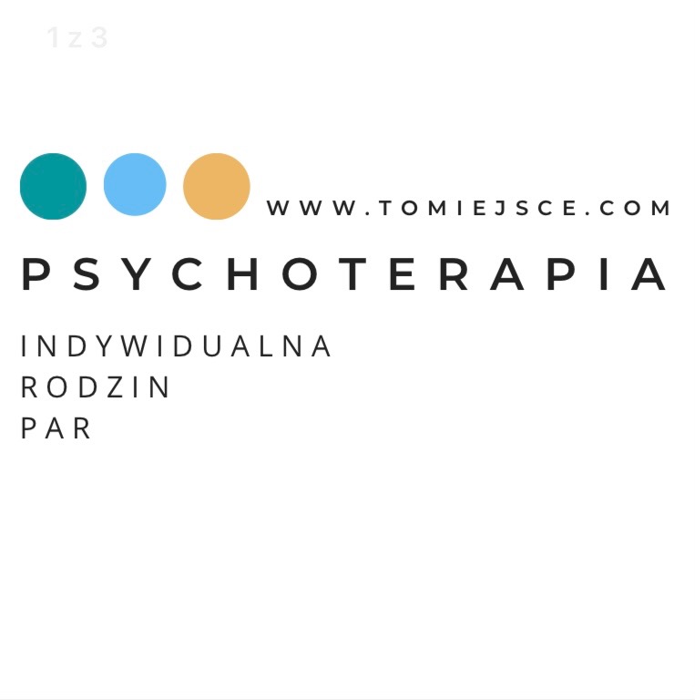 Logo gabinetu oferującego terapię indywidualną, rodzinną i par. Zawiera nazwę gabinetu, adres strony internetowej i trzy kolorowe kropki.