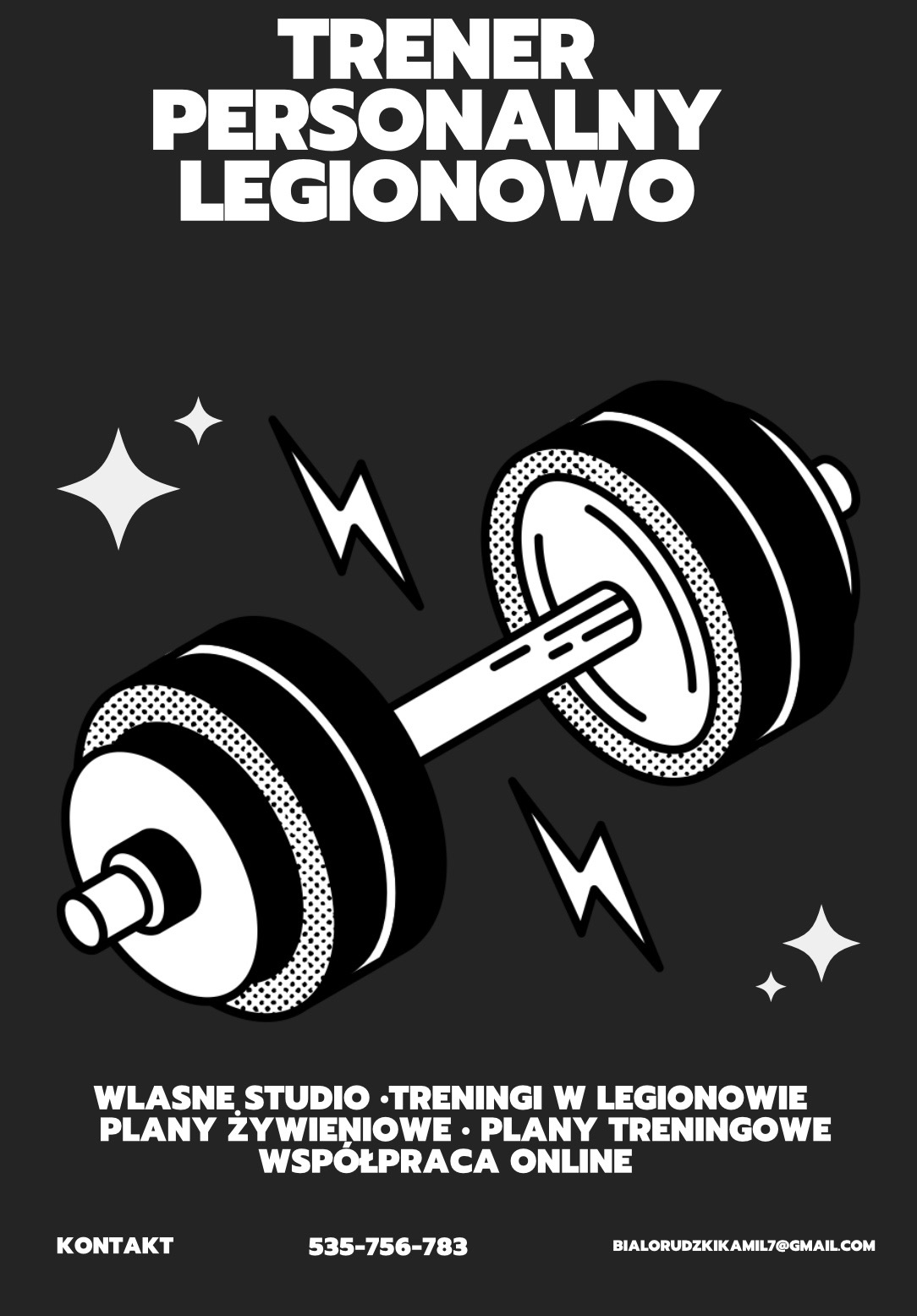 Czarno-biała grafika wektorowa przedstawiająca sztangę z informacją o trenerze personalnym w Legionowie, oferującym plany żywieniowe i treningowe oraz współpracę online, z podanym numerem telefonu...