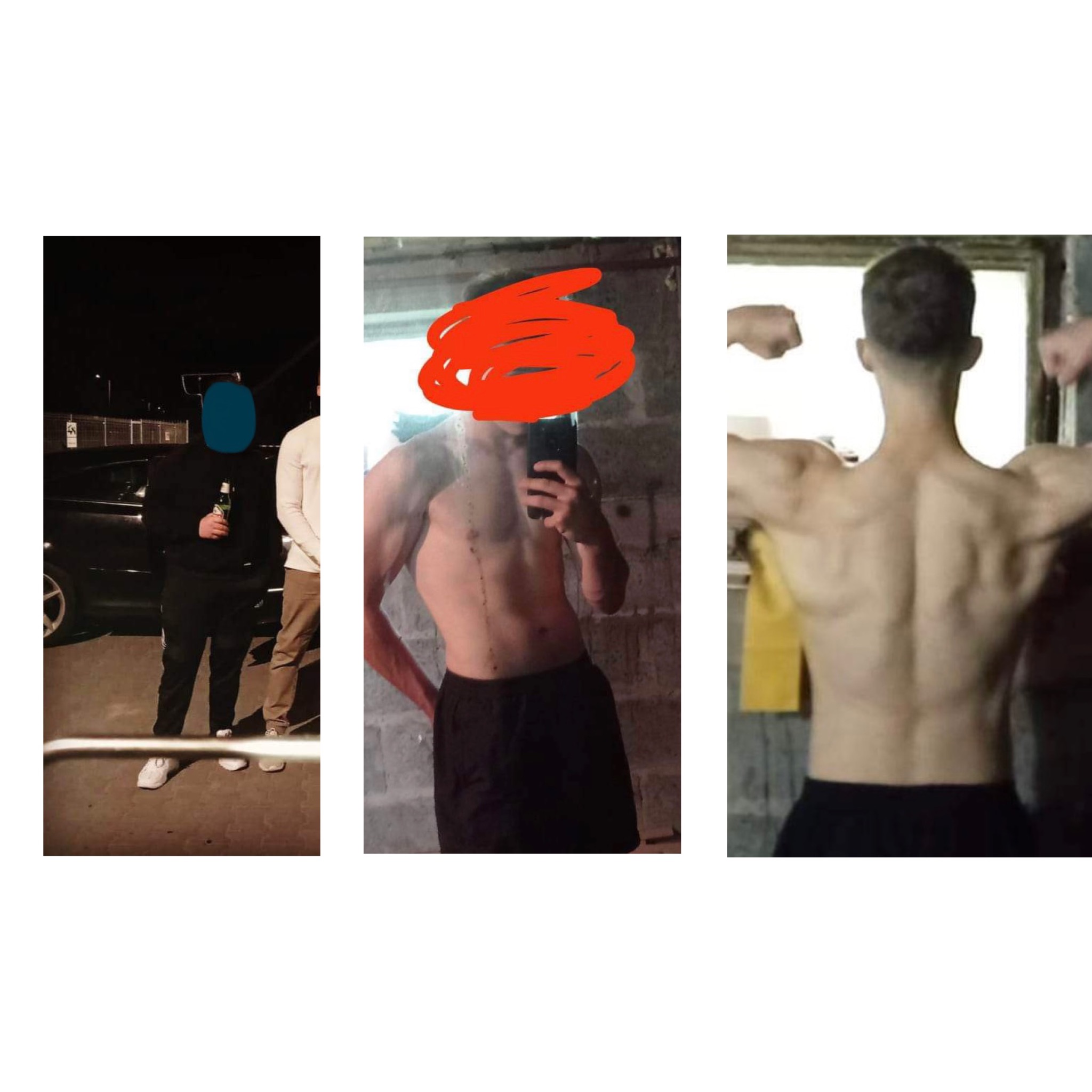 Trzy zdjęcia sylwetki mężczyzny: jedno na zewnątrz z butelką, drugie selfie w lustrze, trzecie plecy z napiętymi mięśniami.