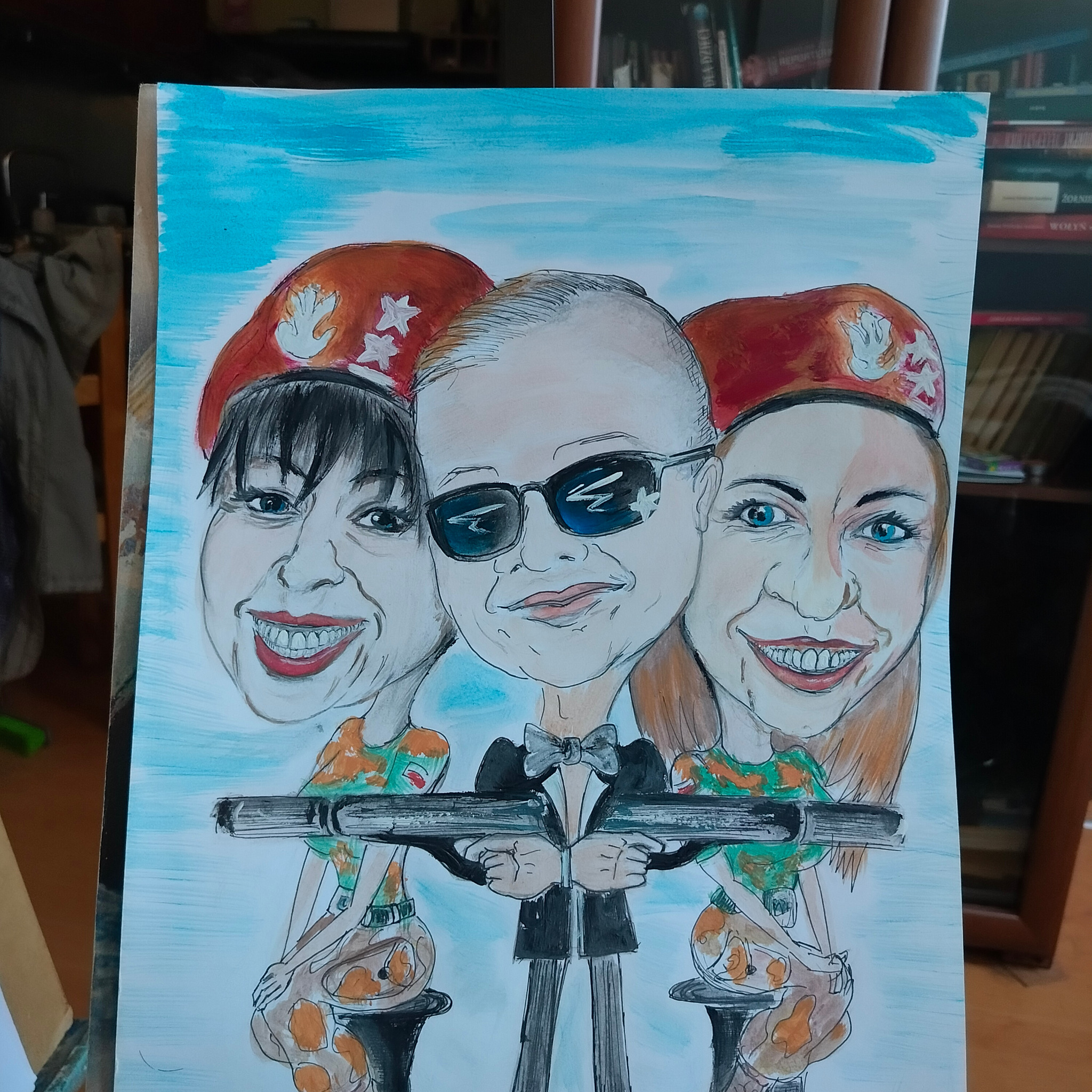 Ręcznie rysowany portret karykaturalny trzech osób w beretach i z bronią, stylizowany na plakat filmowy.