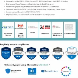 Prezentacja referencji firmy MSCloud: logotypy klientów (Ministerstwo Zdrowia, Polska Agencja Prasowa, MSWiA, Radio Kielce, CS Construction), przykłady certyfikatów Microsoft (Azure Solutions...