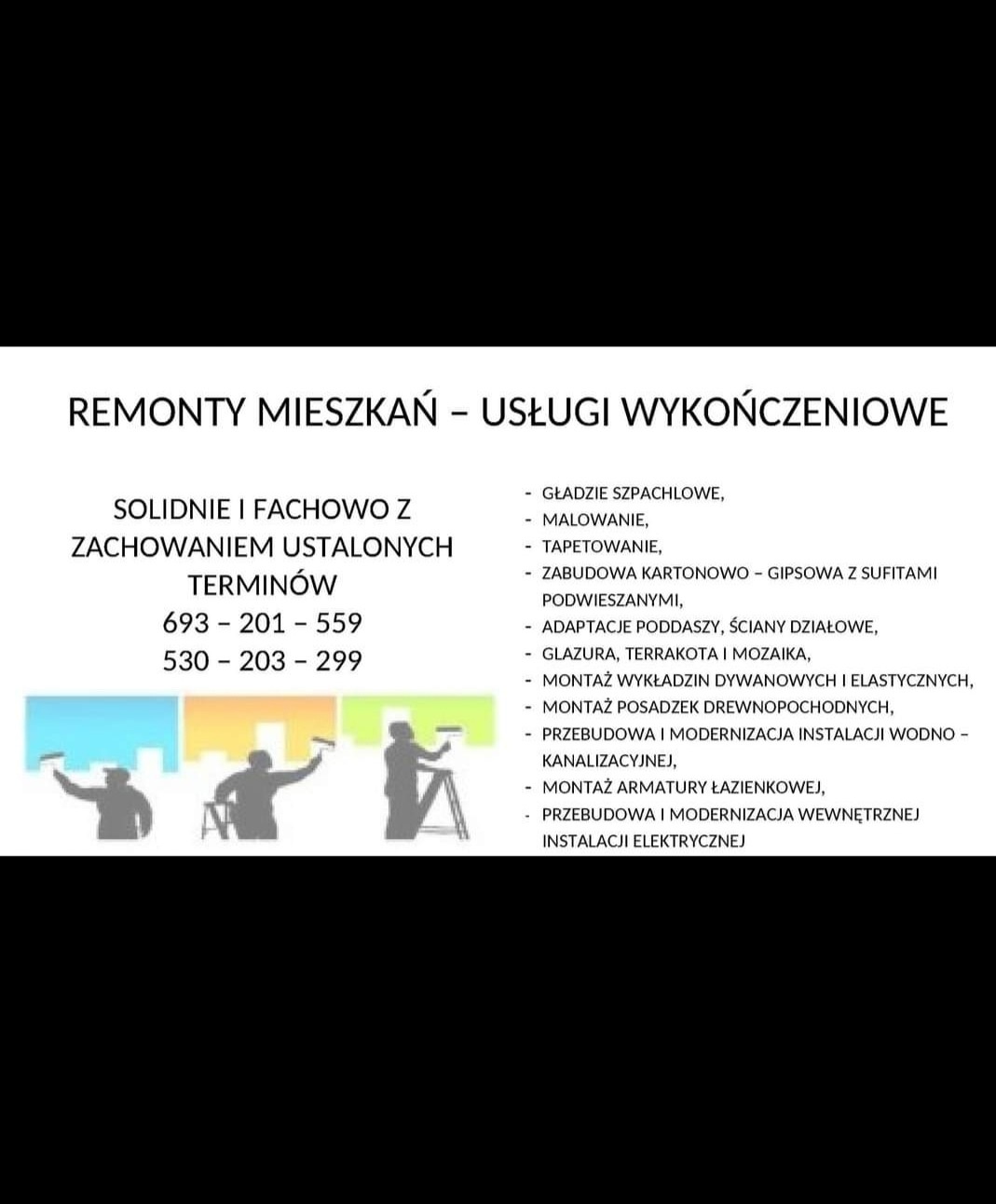 Grafika reklamowa firmy remontowej oferującej usługi wykończeniowe mieszkań, w tym malowanie, tapetowanie, zabudowy kartonowo-gipsowe, glazurę, montaż armatury łazienkowej oraz przebudowę...