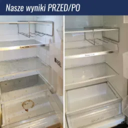 Zdjęcie 'przed i po' przedstawiające wnętrze brudnej i czystej lod&oacute;wki z p&oacute;łkami 'Easy Slide' i pojemnikiem na warzywa. Po lewej stronie widoczne zaschnięte plamy i zabrudzenia, po prawej wnętrze...