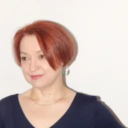 Portret kobiety z rudymi włosami, złotym łańcuszkiem i zielonymi kolczykami na tle białej ściany.