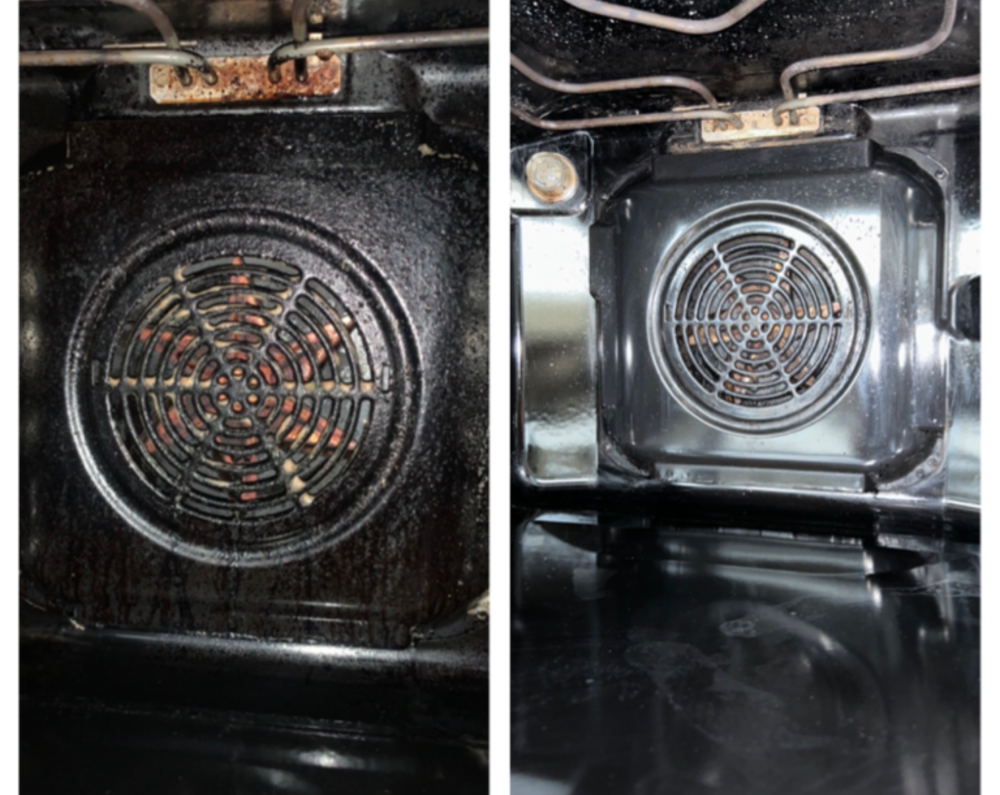 Porównanie wnętrza piekarnika przed i po czyszczeniu: po lewej stronie mocno zabrudzony, po prawej lśniący, z widoczną grzałką w obu przypadkach.