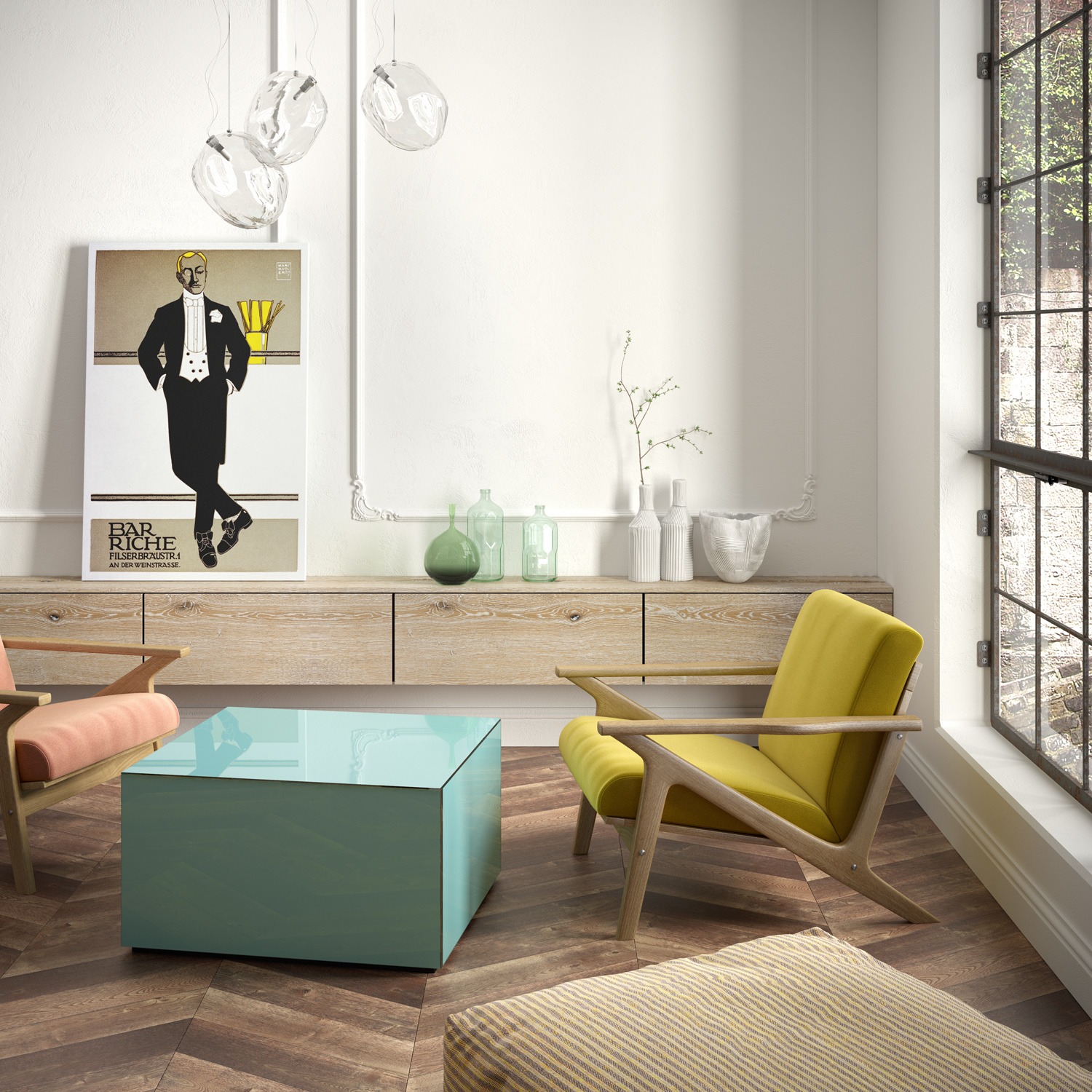 Nowoczesny salon z jasnym drewnianym kredensem pod ścianą, na którym stoją dekoracje, z plakatem w stylu retro, z krzesłami i stolikiem kawowym w odcieniach pastelowych.