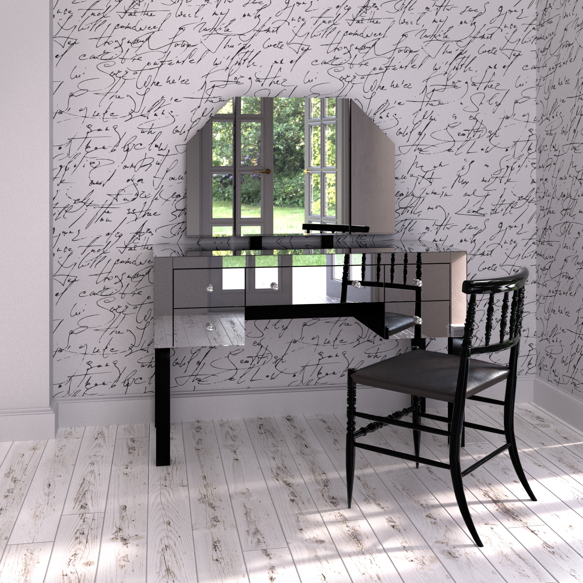 Toaletka z lustrem i krzesłem w stylu glamour, z szufladami i kryształowymi gałkami, na tle ściany pokrytej wzorem imitującym odręczne pismo.