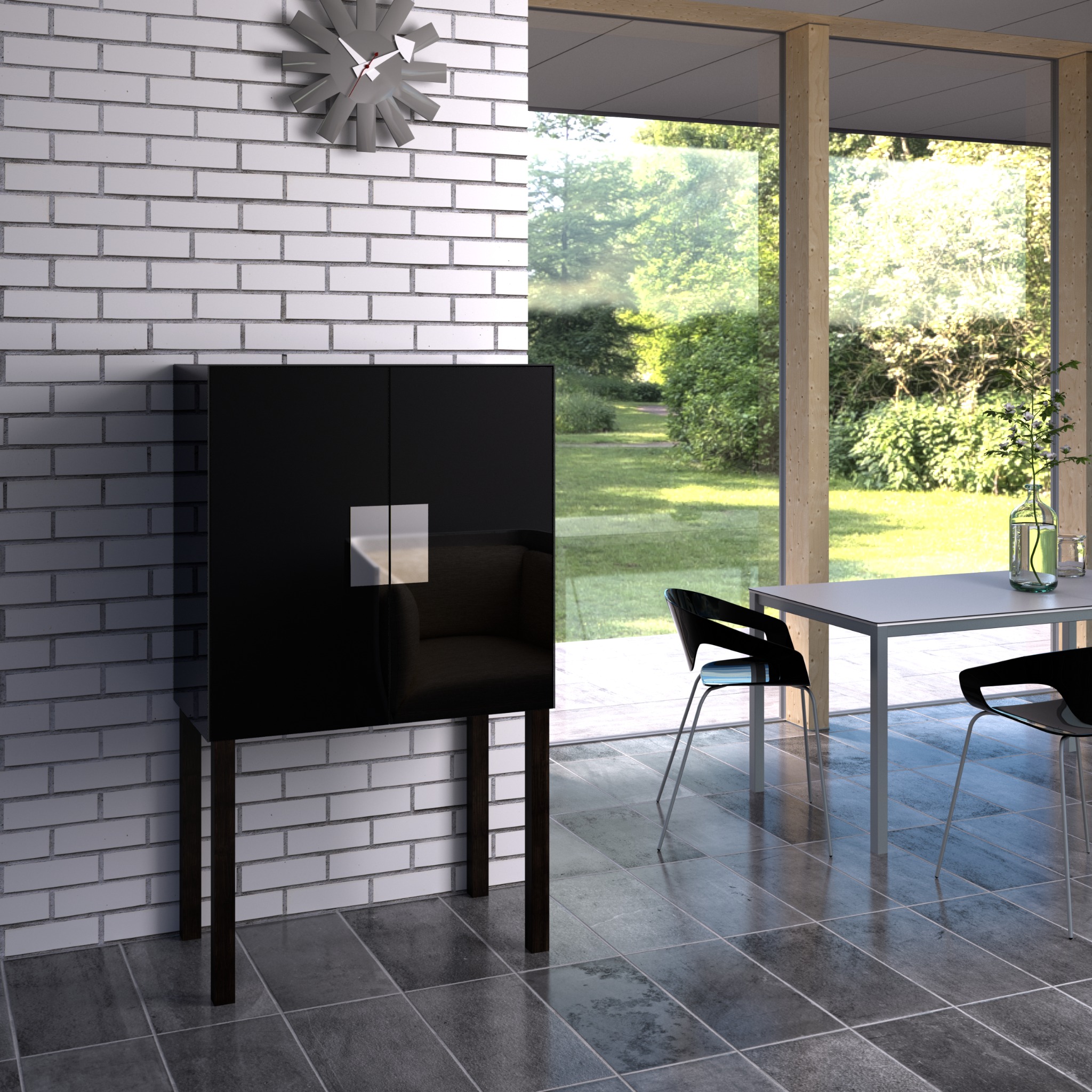 Czarna, nowoczesna szafka z połyskiem na nóżkach, umieszczona przy białej ścianie z cegły, obok okna z widokiem na zieleń ogrodu.