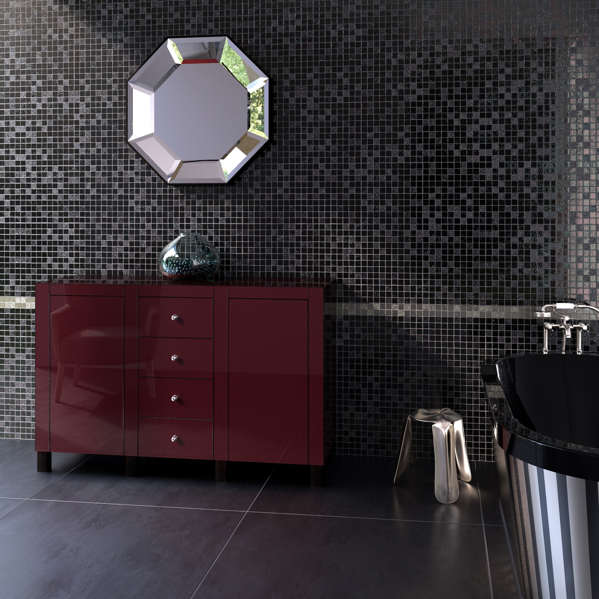 Ciemna łazienka z szafką pod umywalkę w kolorze burgundowym, ośmiokątnym lustrem i mozaiką na ścianie.