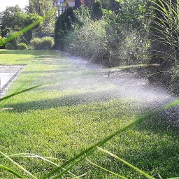 DIGOK-TRANSSPED Dominik Reszczyński - Automatyczny zraszacz nawadnia równomiernie trawnik, w tle zadbany ogród z ozdobnymi krzewami i drzewami.