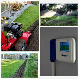 Kompozycja zdjęć przedstawiająca etapy instalacji systemu nawadniania: wykopany rowek w trawniku za pomocą glebogryzarki, działający zraszacz na trawniku w promieniach słońca oraz panel sterujący...