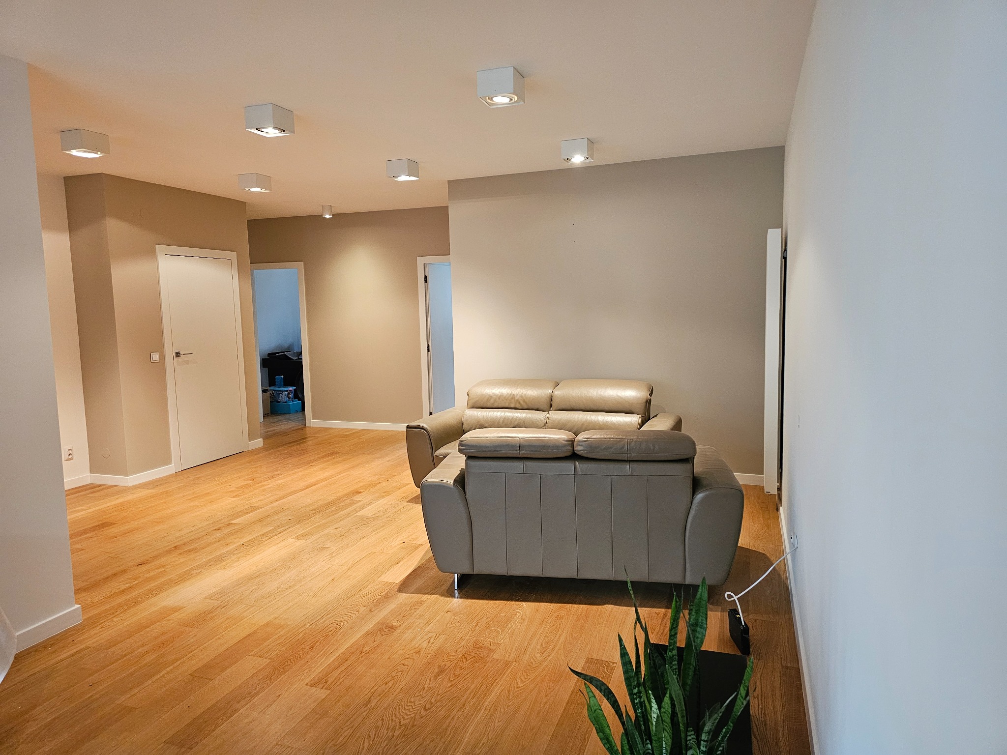 Jasne wnętrze po remoncie: parkiet, sofa i minimalistyczne oświetlenie sufitowe. Widoczne gładkie ściany i drzwi. Nowoczesny design.