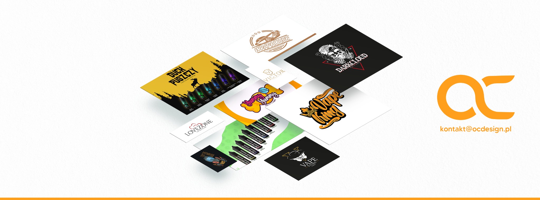 Kompilacja różnorodnych projektów graficznych, w tym logotypów i etykiet produktów, ułożonych pod kątem na białym tle, z pomarańczowym logo firmy i adresem e-mail w prawym dolnym rogu.