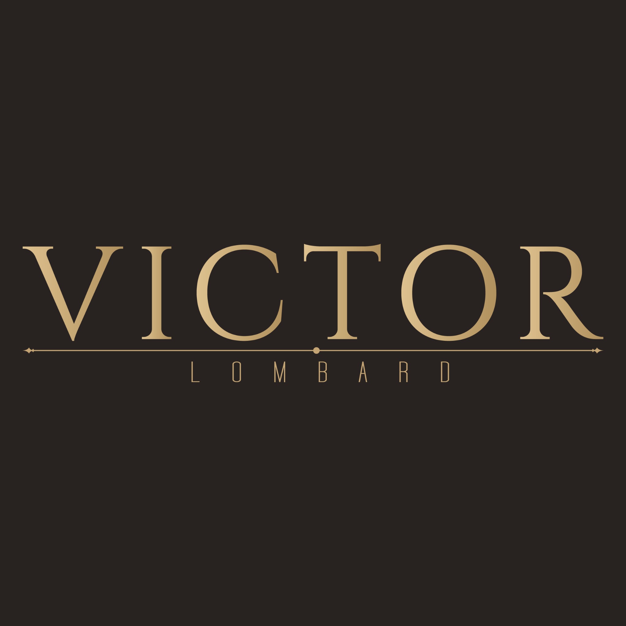 Eleganckie logo 'VICTOR LOMBARD' w złotej kolorystyce na ciemnym tle.