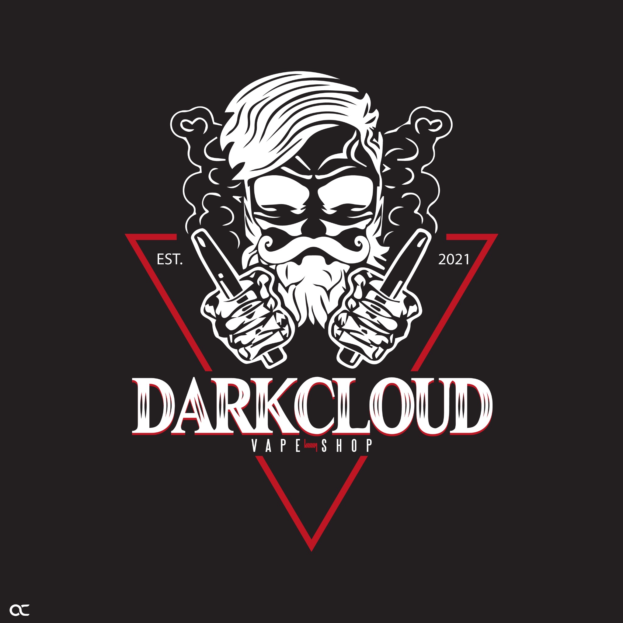 Grafika wektorowa: Stylizowana czaszka z brodą, wąsami i fryzurą pompadour, trzymająca dwa e-papierosy, otoczona dymem, wkomponowana w czerwony trójkąt z napisem 'DARKCLOUD VAPE SHOP', rok...