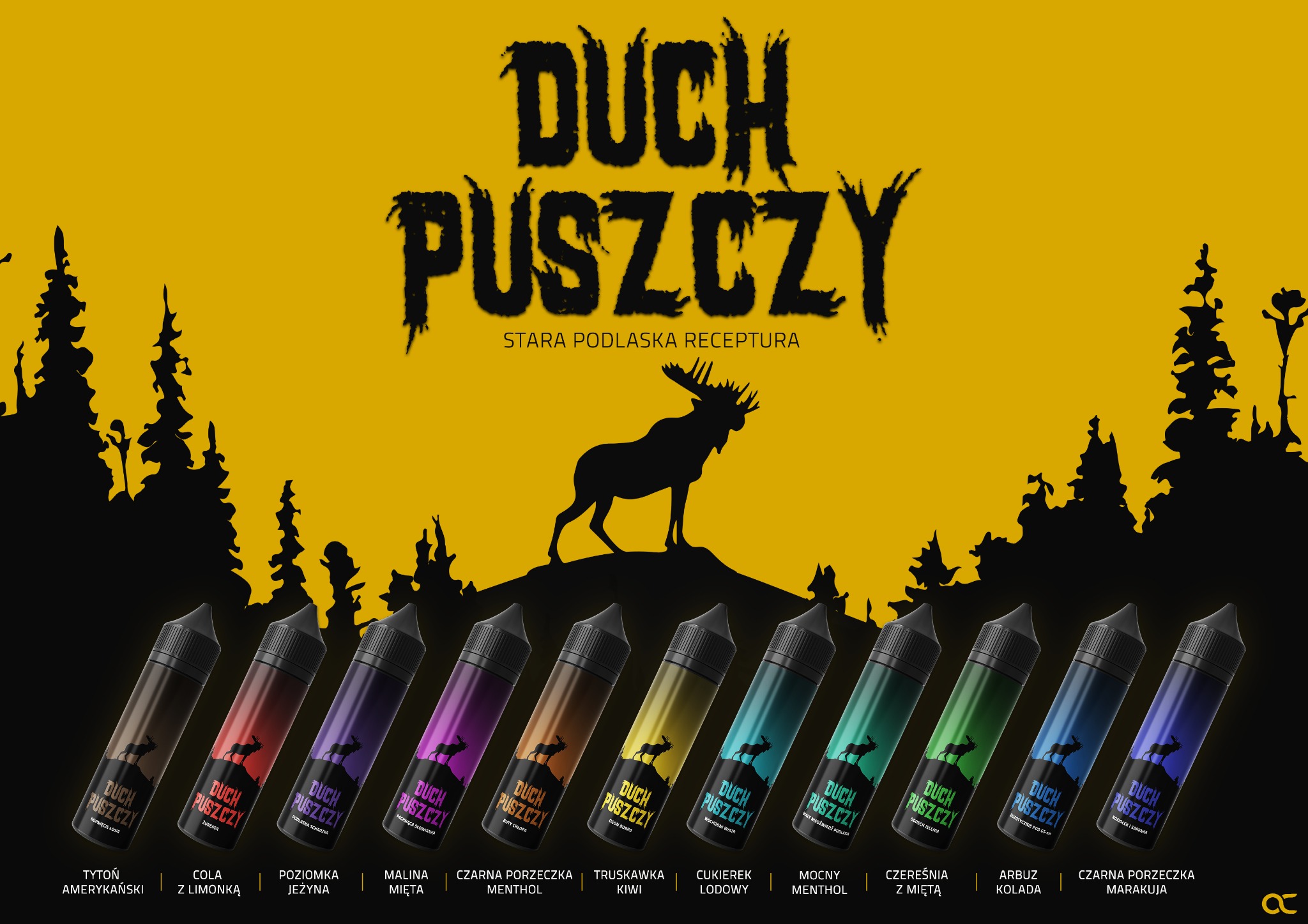 Grafika reklamowa serii e-liquidów 'Duch Puszczy' o różnych smakach, prezentująca butelki z etykietami na tle leśnego krajobrazu z sylwetką łosia i napisem 'Stara Podlaska Receptura'.