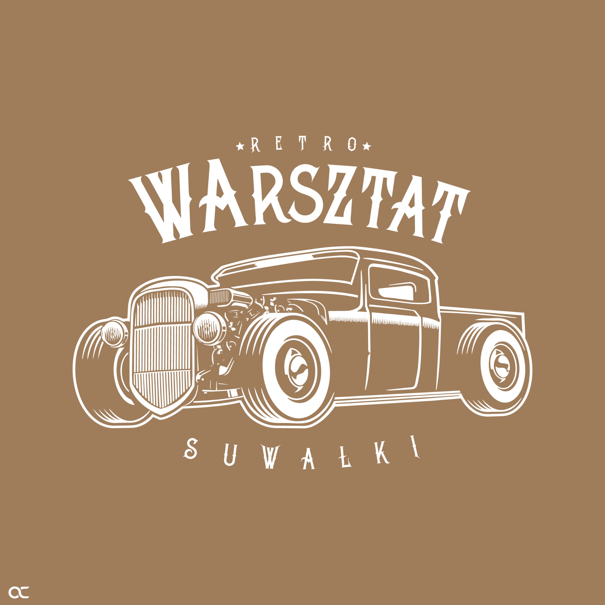 Grafika wektorowa przedstawiająca retro hot roda na brązowym tle, z napisem 'Retro Warsztat Suwałki' w stylizowanej czcionce.
