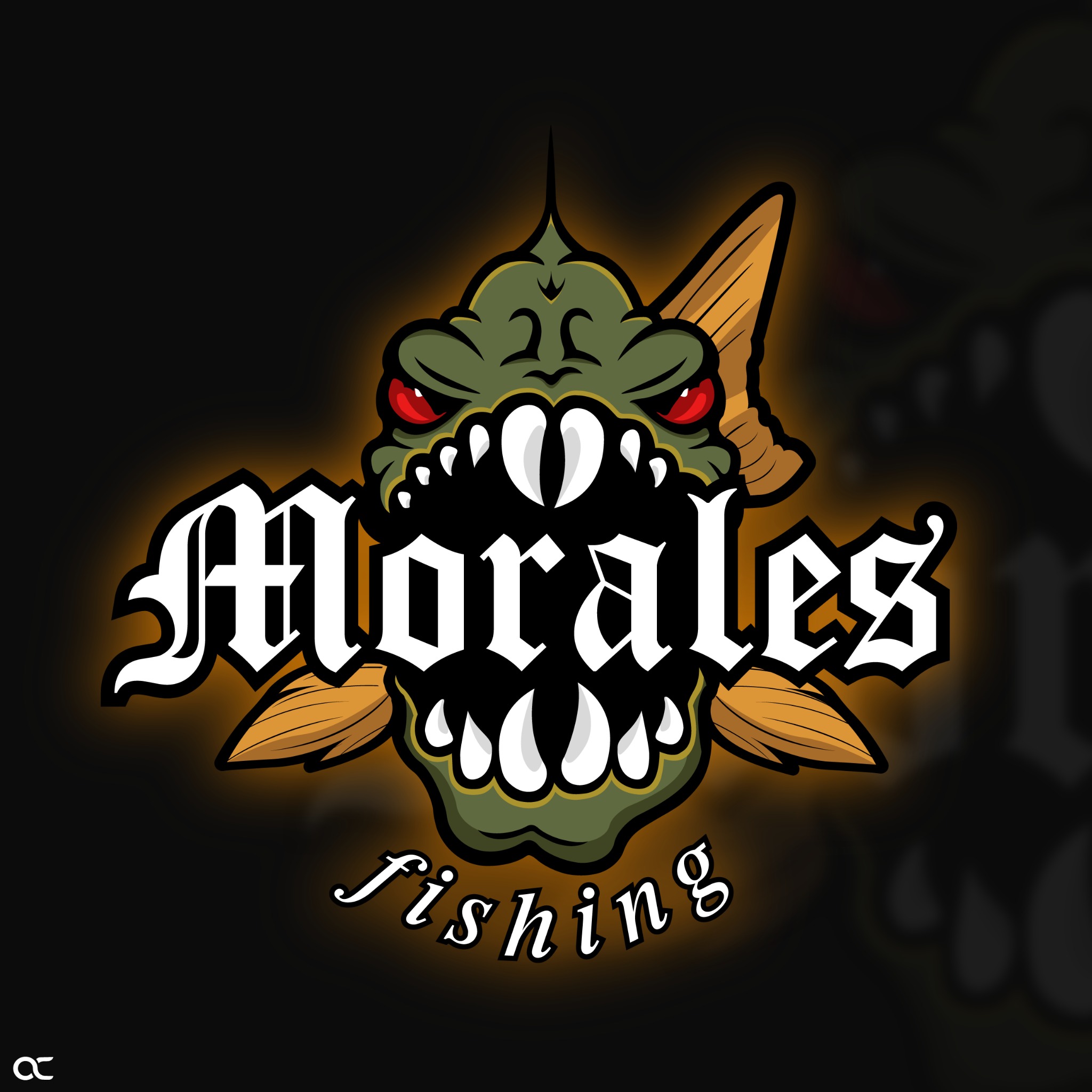 Logo firmy wędkarskiej z Suwałk, przedstawiające stylizowaną głowę ryby z ostrymi zębami i płetwami, otoczoną gotyckim napisem 'Morales Fishing'.