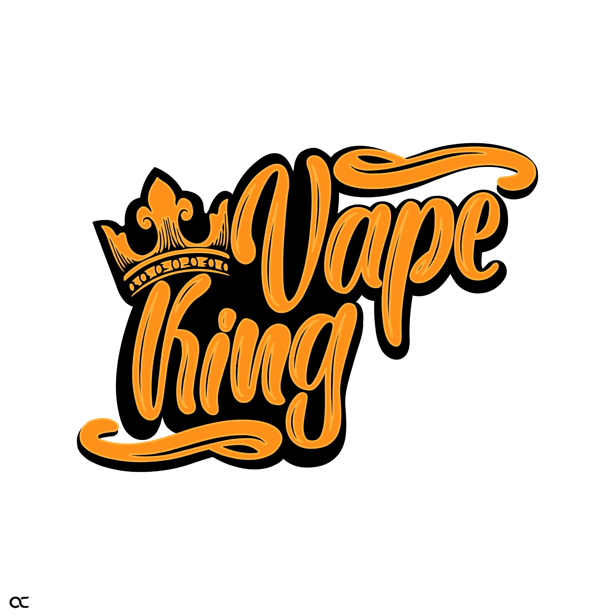 Stylizowany napis Vape King w kolorze pomarańczowym z czarnym obrysem, zwieńczony koroną, na białym tle.