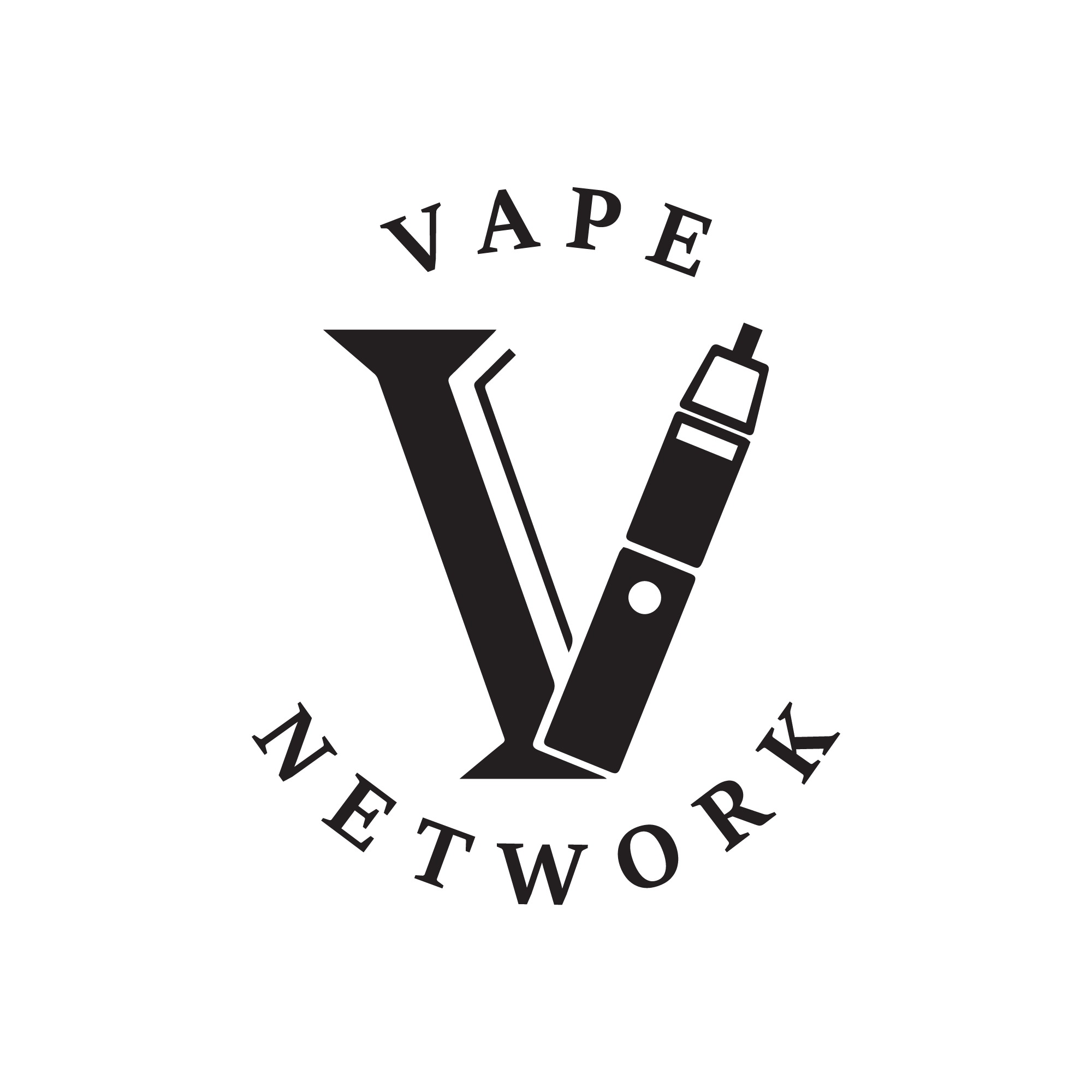 Czarno-białe logo firmy VAPE NETWORK, z literą V stylizowaną na e-papierosa.