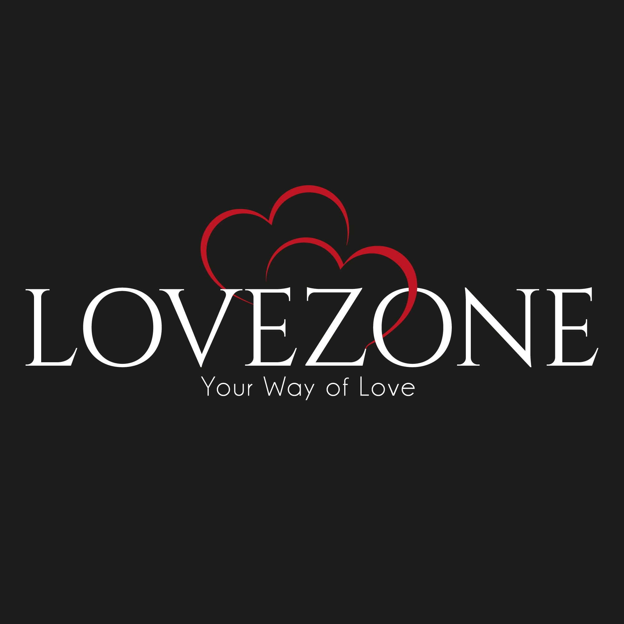 Logo 'Lovezone' na czarnym tle, z dwoma czerwonymi konturami serc nad napisem, pod którym znajduje się slogan 'Your Way of Love'.