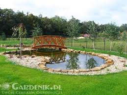 Oczko wodne z kamiennym brzegiem i drewnianym mostkiem w ogrodzie, otoczone trawnikiem i młodymi drzewkami.